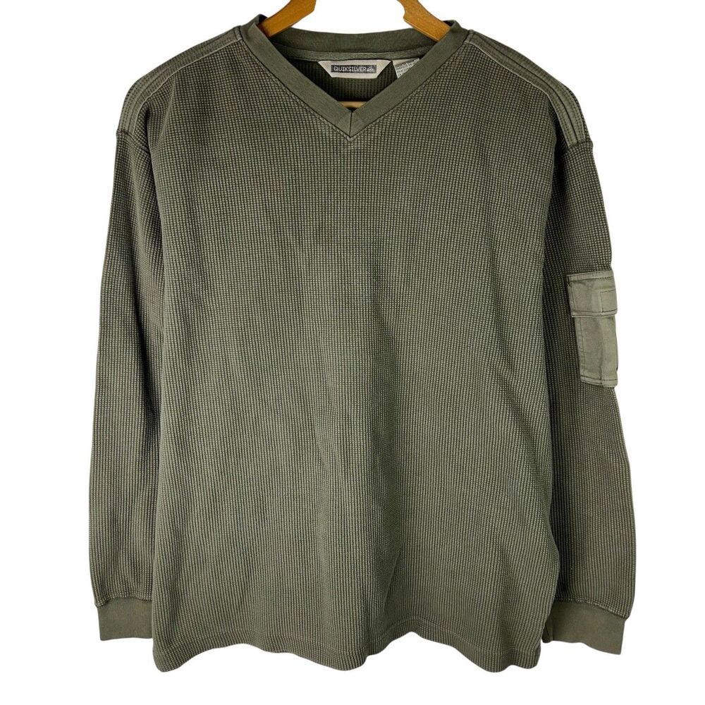 Vintage Y2K Quicksilver Mens M V-Neck Thermal Pullover Sweater Green Skater